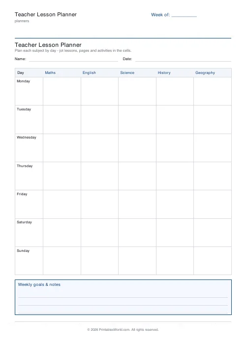 Free printable homeschool lesson planner — 7 days — PDF download