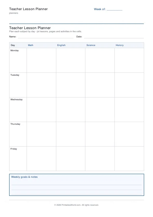 Free printable homeschool lesson planner — Core subjects — PDF download
