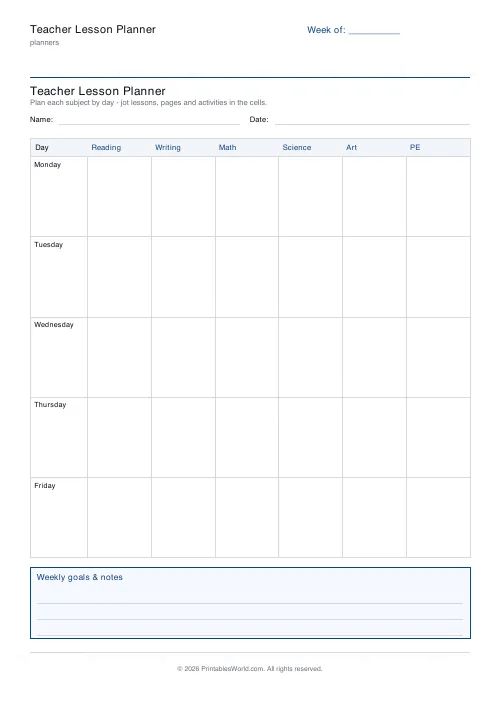 Free printable homeschool lesson planner — Six subjects — PDF download