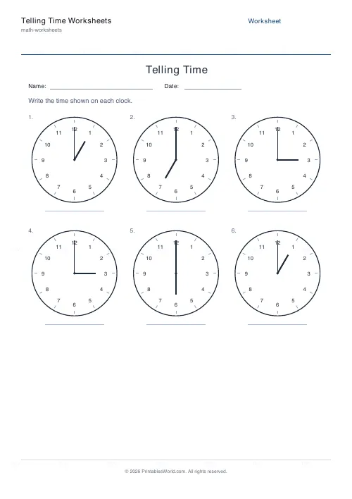 Free printable telling time worksheet (O'clock), PDF download