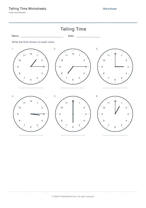 Free printable telling time worksheet (Quarter hour), PDF download