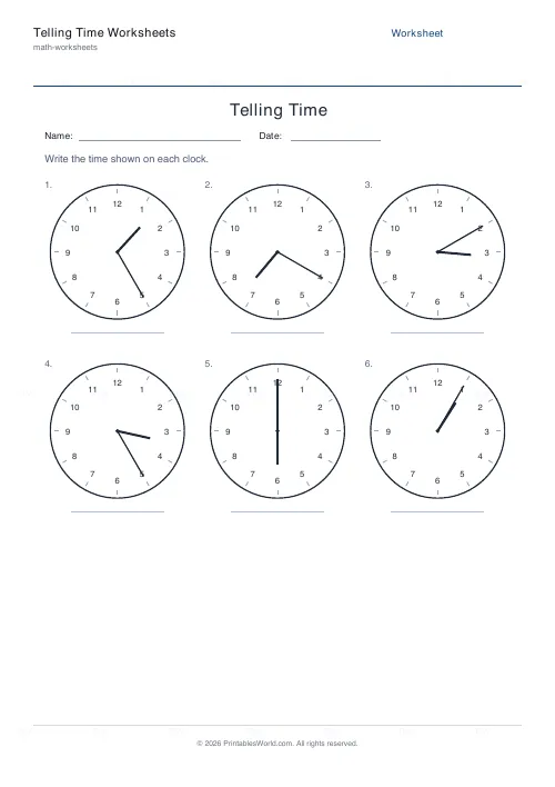 Free printable telling time worksheet (Five minutes), PDF download