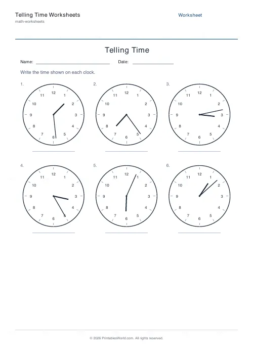Free printable telling time worksheet (To the minute), PDF download