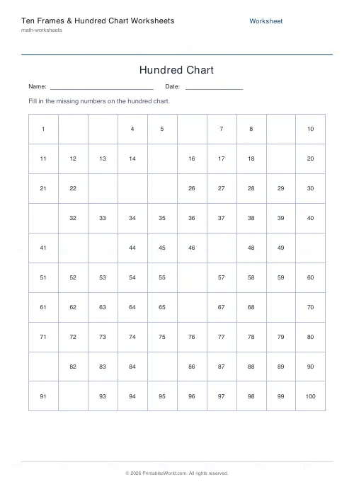 Free printable ten-frames and hundred-chart worksheet (Hundred chart), PDF download