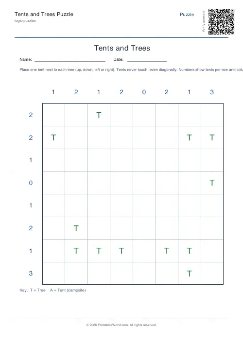 Free printable tents and trees puzzle (Easy), PDF download