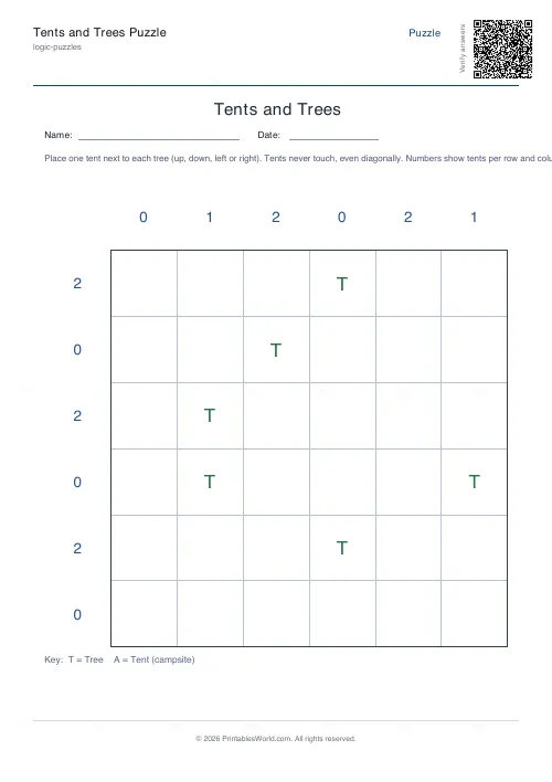 Free printable tents and trees puzzle (6x6, with answer key), PDF download