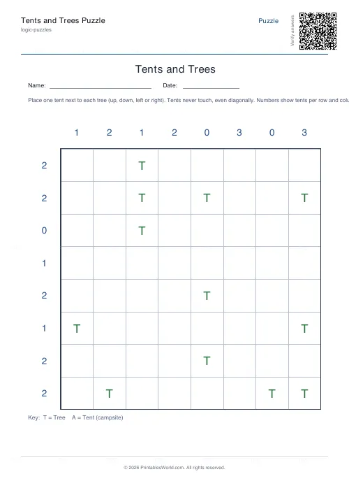 Free printable tents and trees puzzle (8x8, with answer key), PDF download