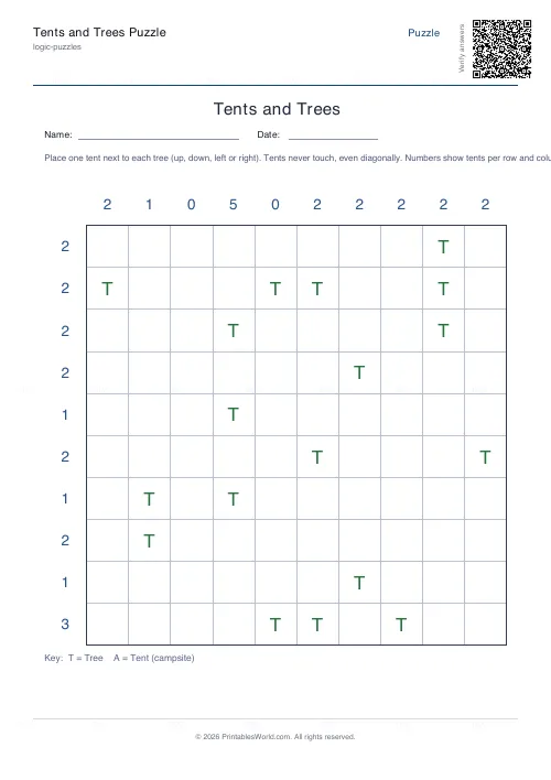 Free printable tents and trees puzzle (10x10, with answer key), PDF download