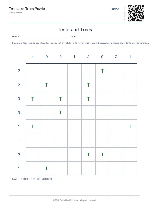 Free printable tents and trees puzzle (Medium), PDF download