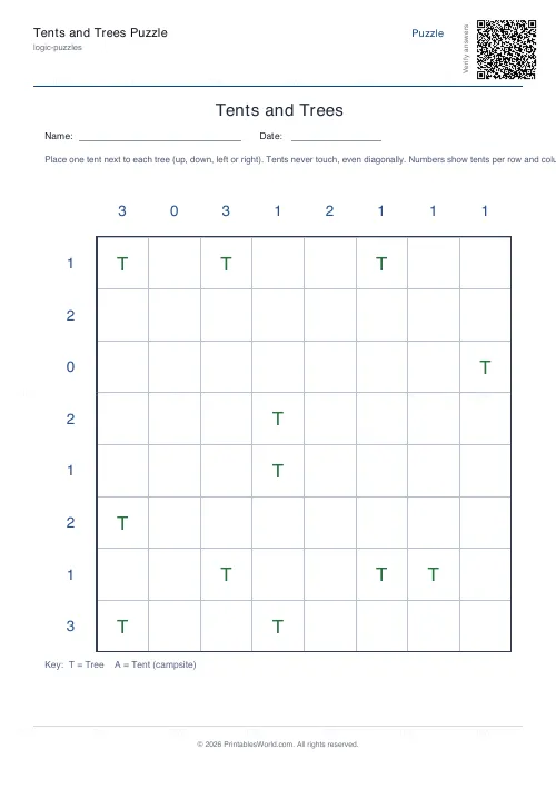Free printable tents and trees puzzle (Hard), PDF download