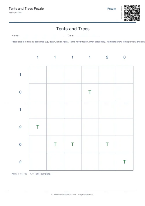 Free printable tents and trees puzzle (6x6), PDF download
