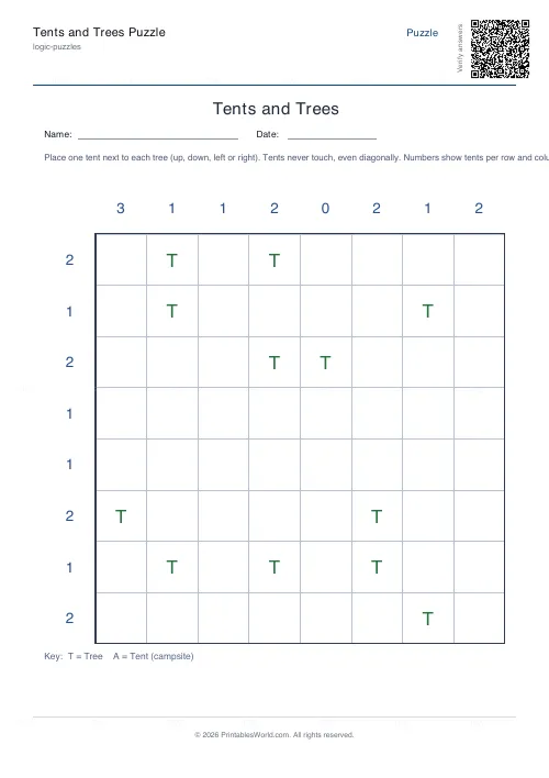Free printable tents and trees puzzle (8x8), PDF download