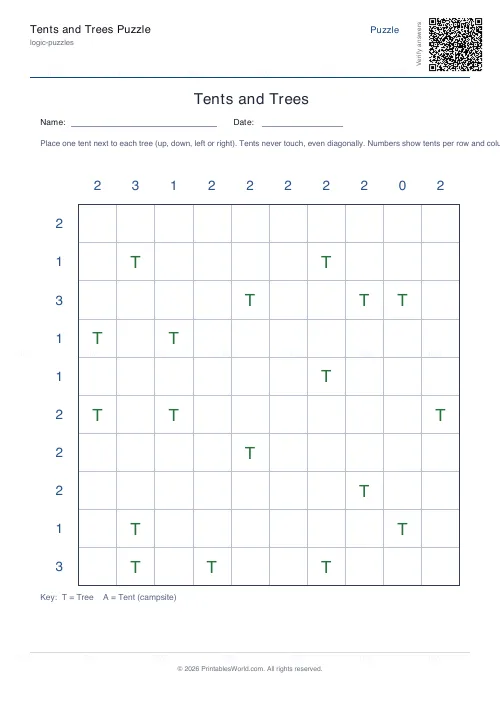 Free printable tents and trees puzzle (10x10), PDF download