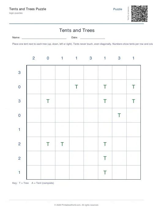 Free printable tents and trees puzzle (Easy, with answer key), PDF download
