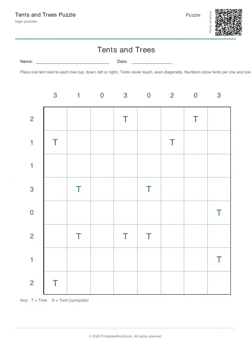 Free printable tents and trees puzzle (Medium, with answer key), PDF download