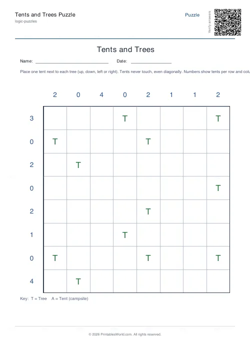 Free printable tents and trees puzzle (Hard, with answer key), PDF download
