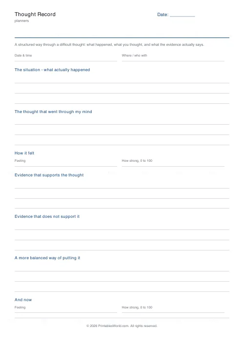 Free printable CBT thought record (No name and date band), PDF download