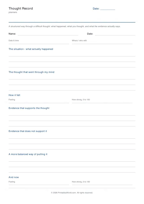 Free printable CBT thought record (With a name and date band), PDF download