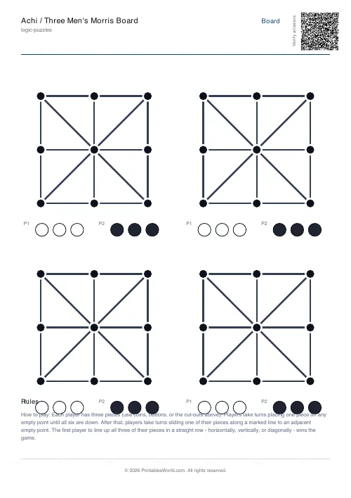 Free printable Three Men's Morris board — 4 boards — PDF download