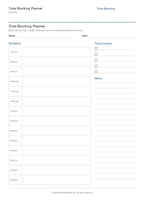 Free printable time blocking planner (Hourly blocks), PDF download