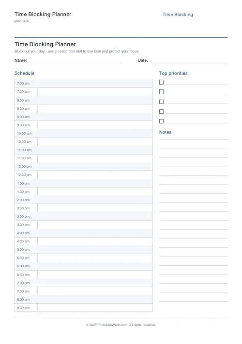 Free printable time blocking planner (Half-hourly blocks), PDF download