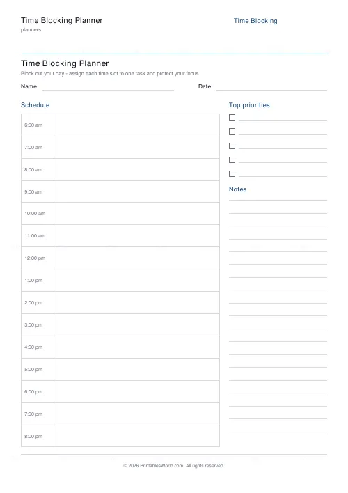 Free printable time blocking planner (From 6am), PDF download