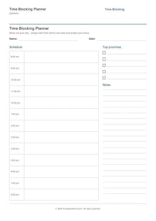 Free printable time blocking planner (From 8am), PDF download