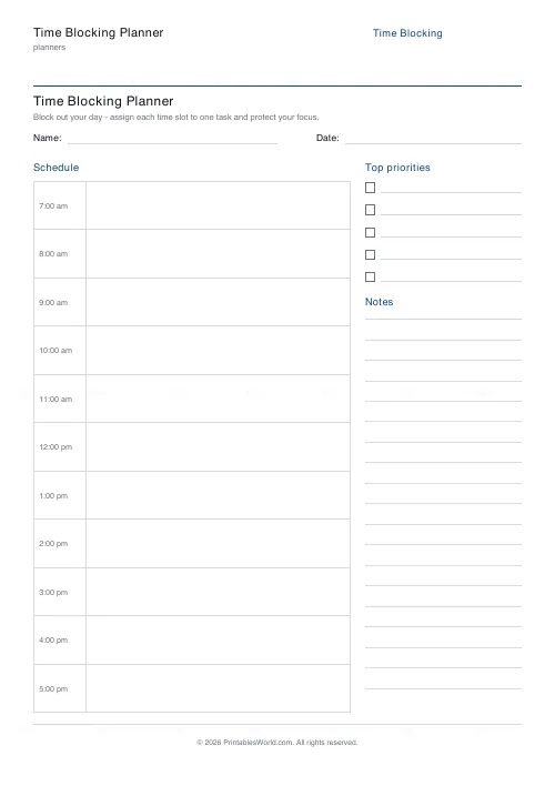 Free printable time blocking planner (Until 6pm), PDF download