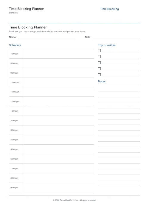 Free printable time blocking planner (Until 10pm), PDF download