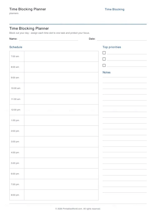 Free printable time blocking planner (3 priorities), PDF download