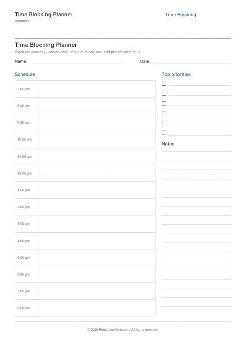 Free printable time blocking planner (6 priorities), PDF download