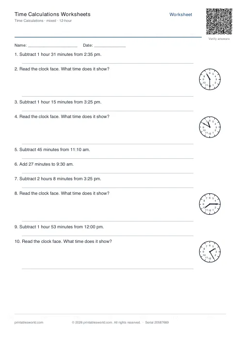 Free printable time Calculations Worksheets PDF — sheet 1
