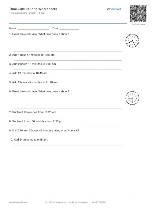 Free printable time Calculations Worksheets PDF — sheet 10