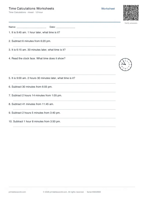 Free printable time Calculations Worksheets PDF — sheet 11