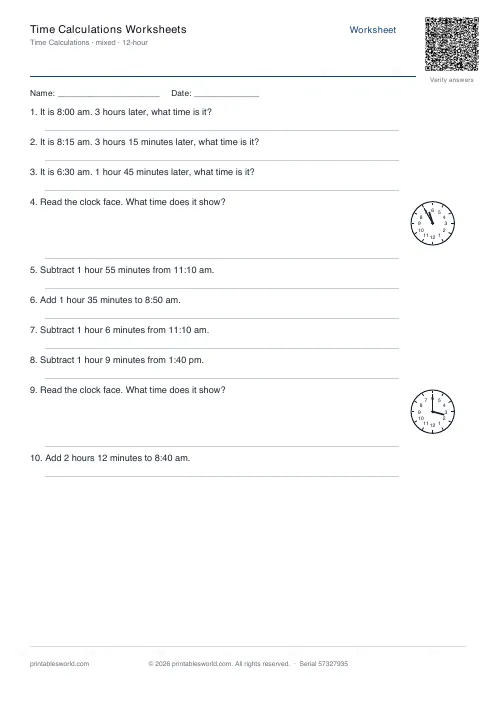 Free printable time Calculations Worksheets PDF — sheet 12