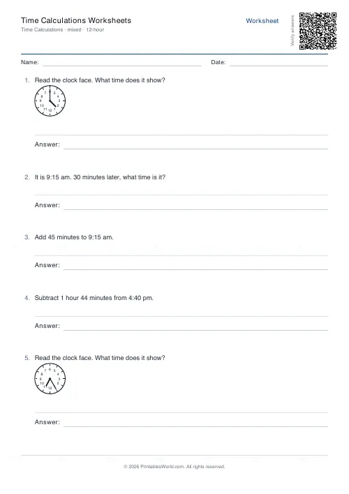 Free printable time calculation worksheet (12-hour, with answer key), PDF download