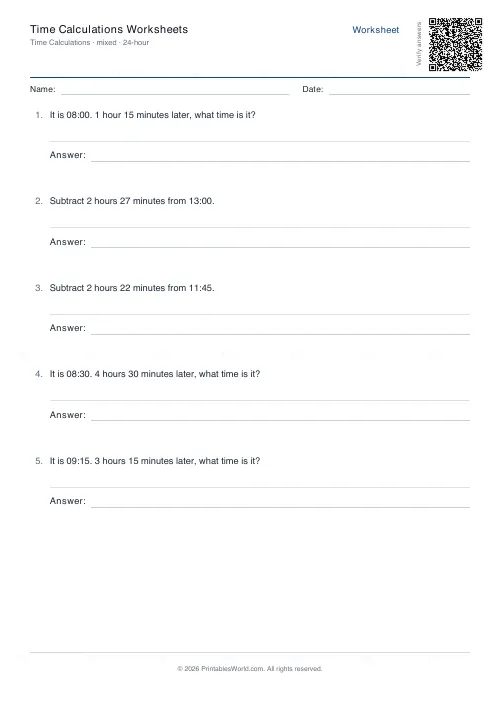 Free printable time calculation worksheet (24-hour, with answer key), PDF download