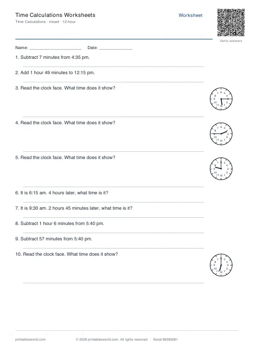 Free printable time Calculations Worksheets PDF — sheet 3