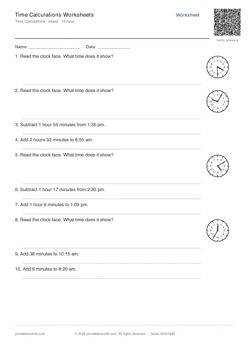 Free printable time Calculations Worksheets PDF — sheet 4