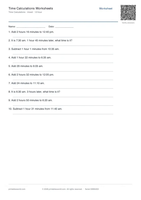Free printable time Calculations Worksheets PDF — sheet 5