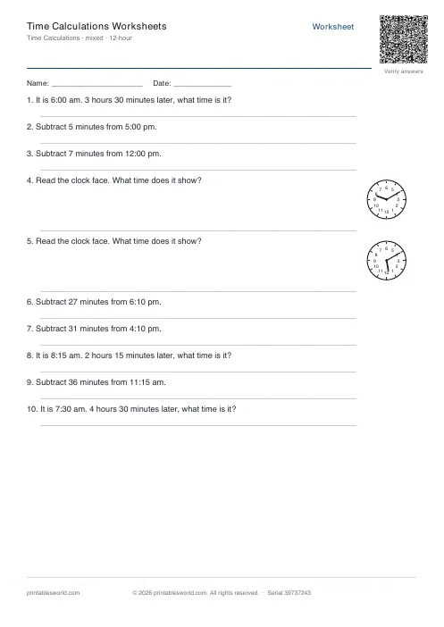 Free printable time Calculations Worksheets PDF — sheet 6