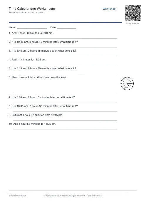 Free printable time Calculations Worksheets PDF — sheet 7