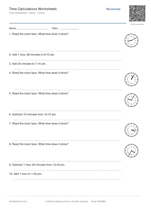 Free printable time Calculations Worksheets PDF — sheet 8