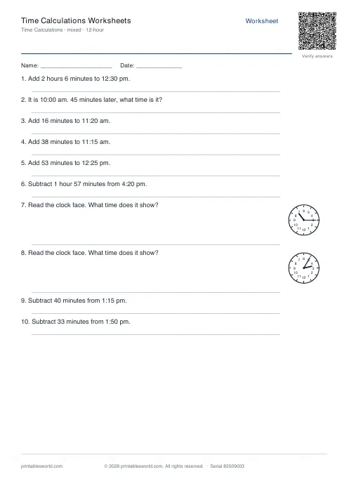 Free printable time Calculations Worksheets PDF — sheet 9