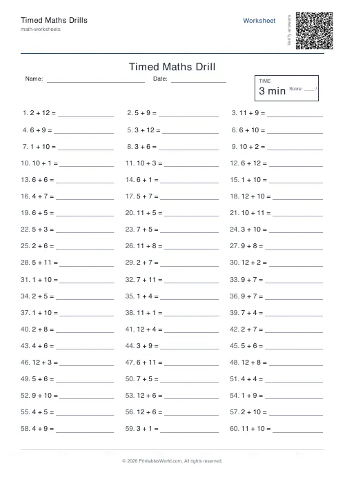 Free printable timed maths drills — Addition — PDF download