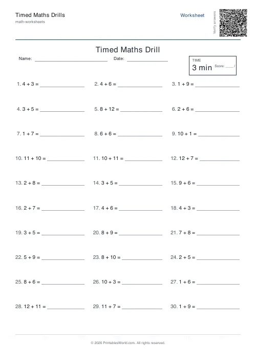 Free printable timed maths drills — 30 — PDF download