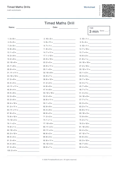 Free printable timed maths drills — 100 — PDF download