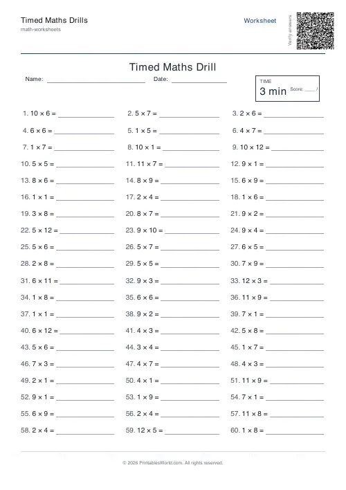 Free printable timed maths drills — Multiplication — PDF download