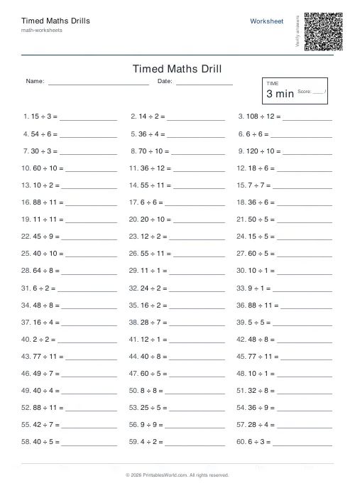 Free printable timed maths drills — Division — PDF download