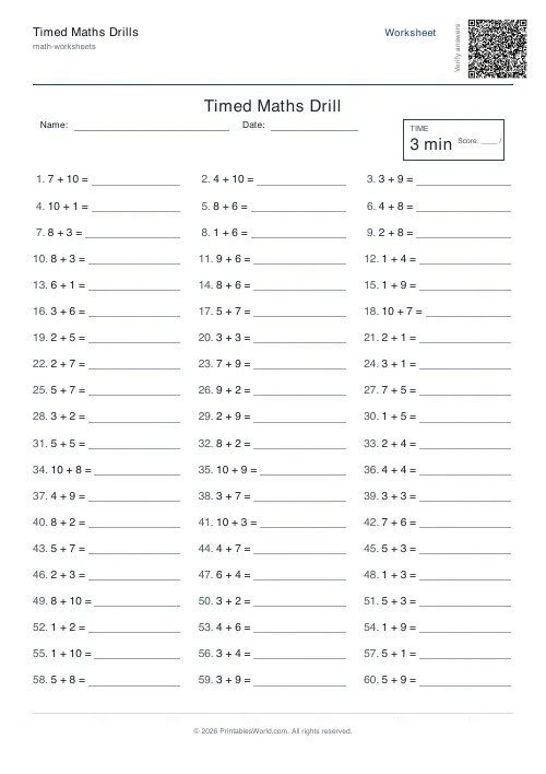 Free printable timed maths drills — Up to 10 — PDF download